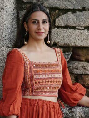 OKHAI "Day Lily" Hand-Embroidered Mirrored Orange Rust Cotton Blouse Boho Small